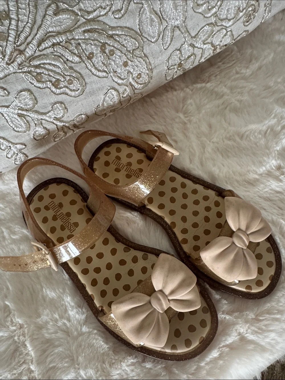 Mini Melissa Girls' Bow Sandals in Nude Gold/Beige with Glitter Straps
